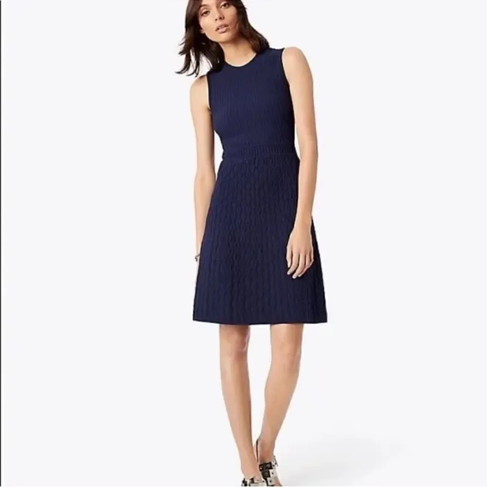 Tory Burch L LIAM Navy Knit Fit-and-Flare Textured Sleeves Dress